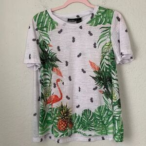 Sara Studio Women Lightweight White Top Orange Flamingo Tunic Size XL